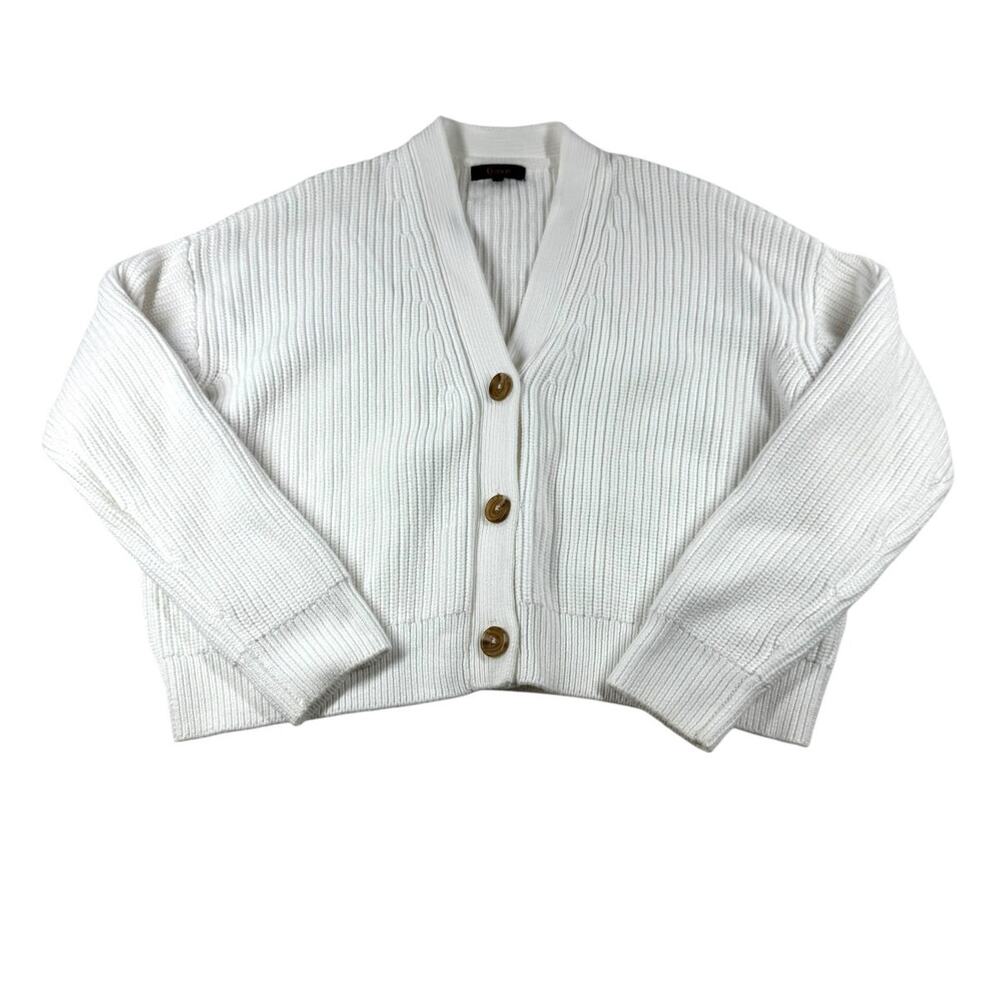 Quince Organic Cotton Fisherman Boxy Cropped Cardigan XS Ivory Chunky Knit